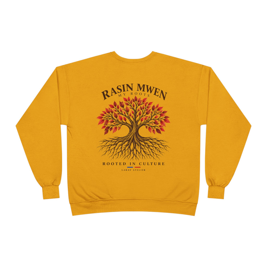A mustard yellow crewneck sweatshirt shown from the back, featuring a large graphic of a tree with red and orange leaves and brown roots, with the text 'RASIN MWEN WOOD' and 'ROOTED IN CULTURE' 