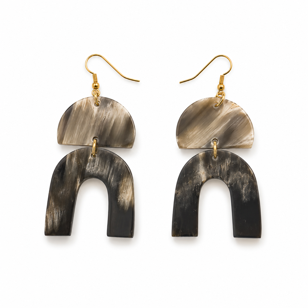 Lakou Horn Earrings — natural horn geometric arch design with gold-tone fishhook hardware