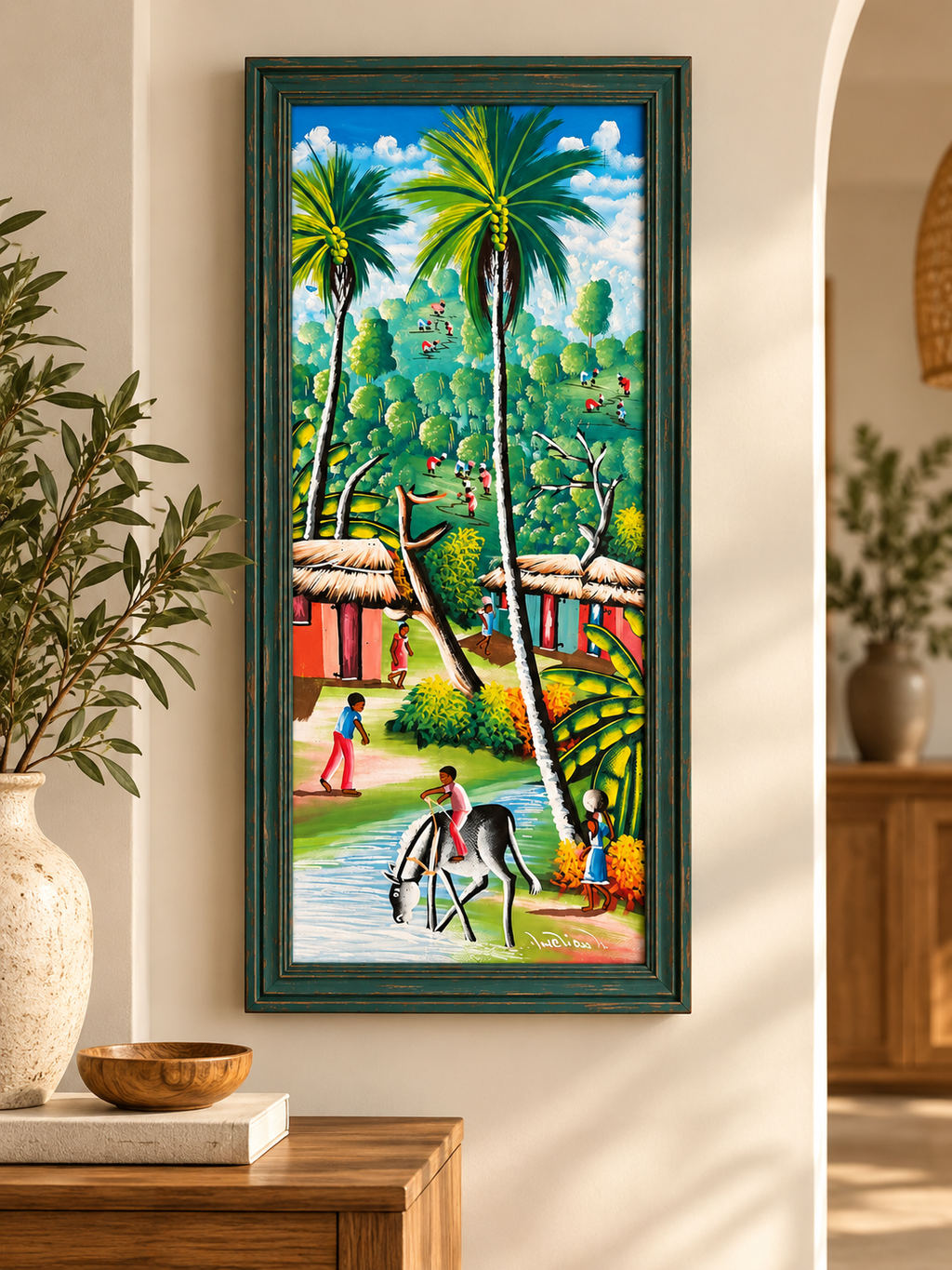 Palm Village | Vintage Haitian Folk-Art Style Painting